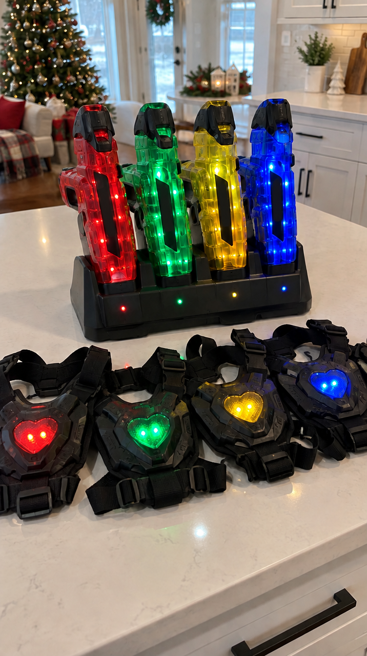 GlowTag 4 glowing blasters in charging dock with 4 light-up vests