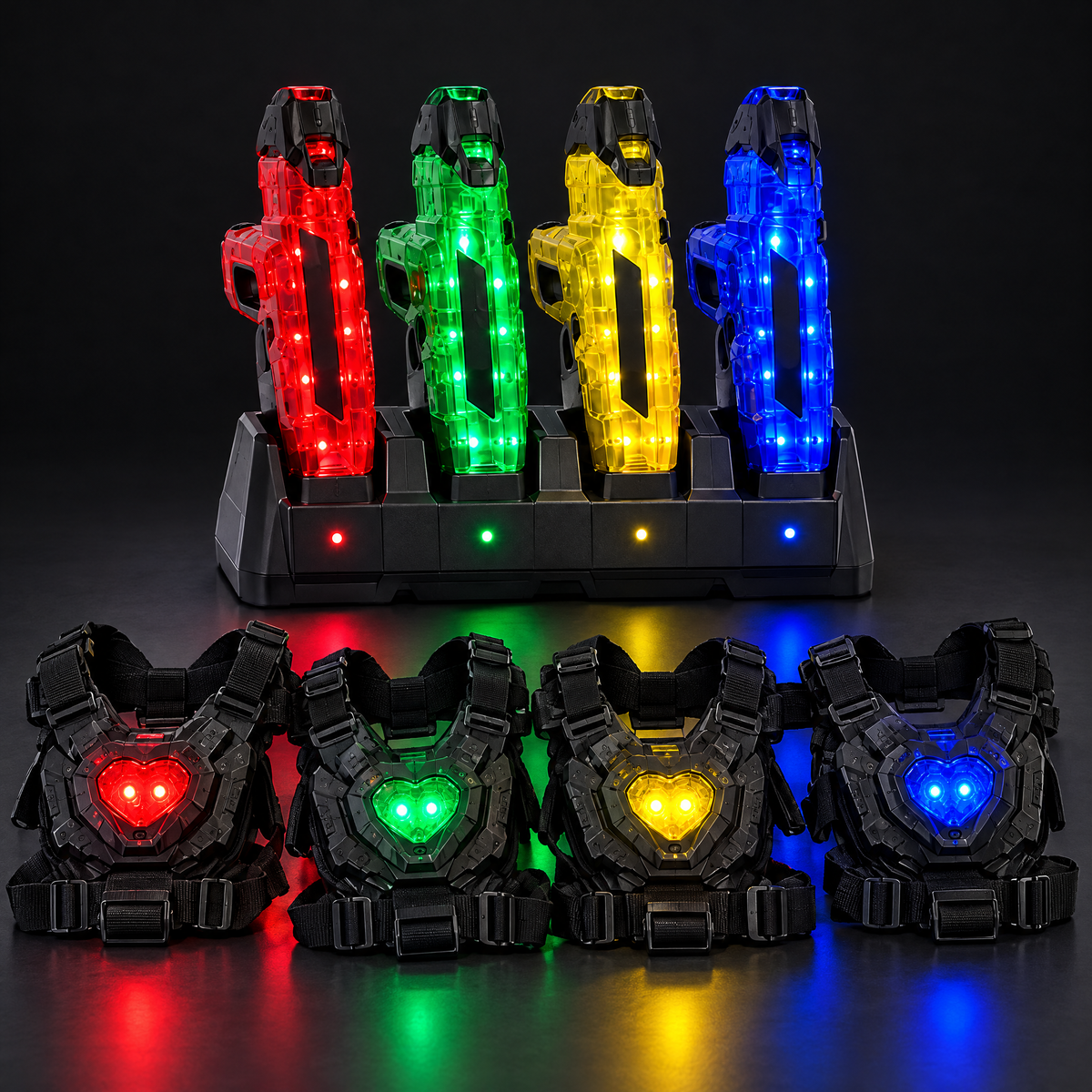 GlowTag home laser tag set with 4 blasters, 4 vests and charging dock