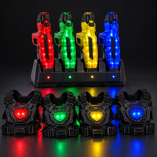 GlowTag home laser tag set with 4 blasters, 4 vests and charging dock
