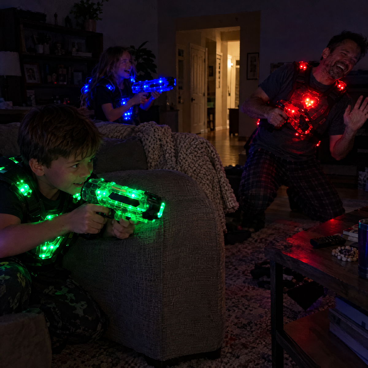 Family playing GlowTag laser tag in the dark living room