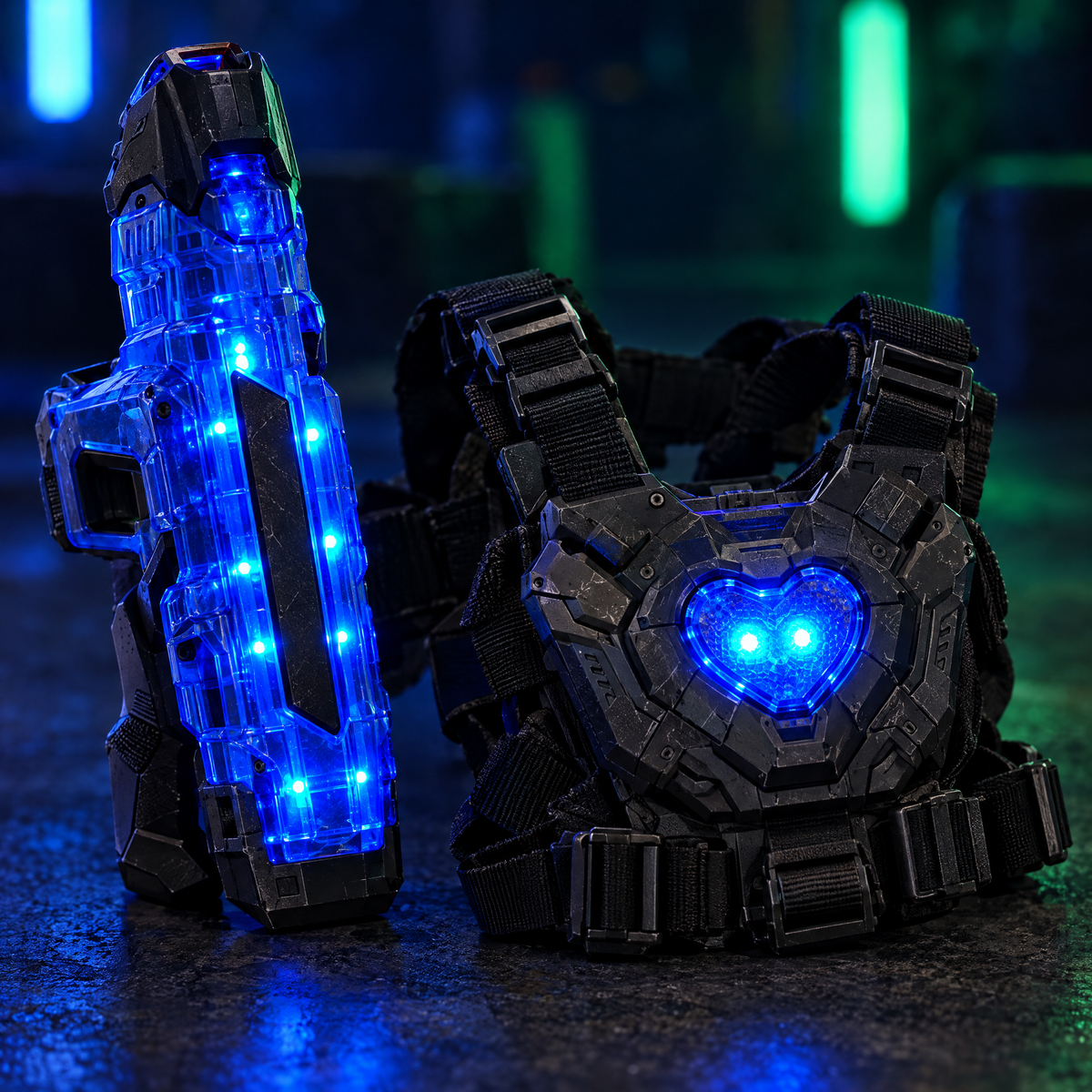 Close-up of a GlowTag blaster and light-up vest